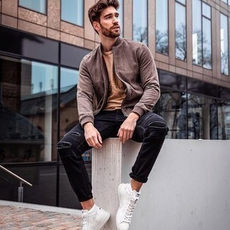 Men's Brown Suede Bomber Jacket, Tan Crew-neck T-shirt, Black Ripped Jeans, White Canvas High Top Sneakers