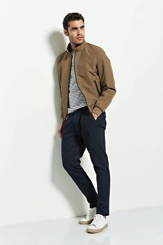 Jacket Outfits For Men: Perfect the casual and cool outfit by opting for a jacket and black chinos. Want to break out of the mold? Then why not add white canvas low top sneakers to the equation?