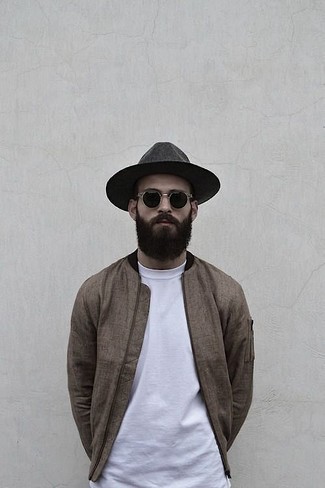 Grey Wool Hat Outfits For Men: Remain dapper and comfortable on busy days by opting for a brown bomber jacket and a grey wool hat.