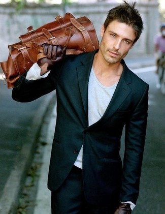 Men's Dark Brown Leather Gloves, Brown Leather Briefcase, Grey Long Sleeve T-Shirt, Black Suit
