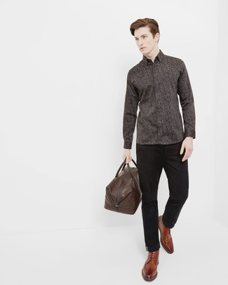 Brown Long Sleeve Shirt Outfits For Men: 