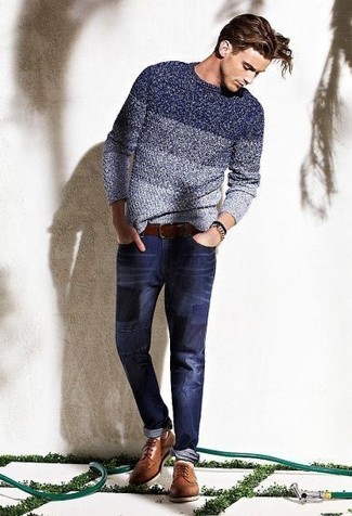 Navy Ombre Crew-neck Sweater Outfits For Men: 
