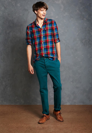 Men's Black Socks, Brown Leather Brogues, Teal Chinos, Multi colored Plaid Long Sleeve Shirt