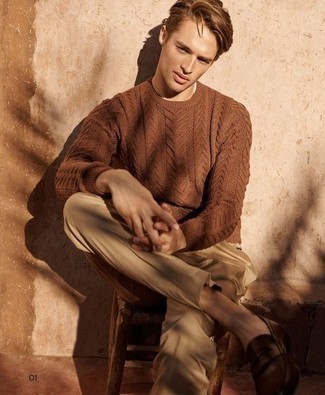 Brown Cable Sweater Outfits For Men: For a laid-back outfit with a fashionable spin, pair a brown cable sweater with khaki chinos. A pair of dark brown leather loafers instantly revs up the style factor of any getup.