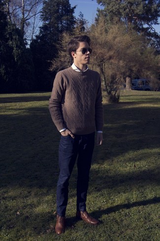 Men's Brown Cable Sweater, White Long Sleeve Shirt, Navy Jeans, Brown Leather Brogue Boots