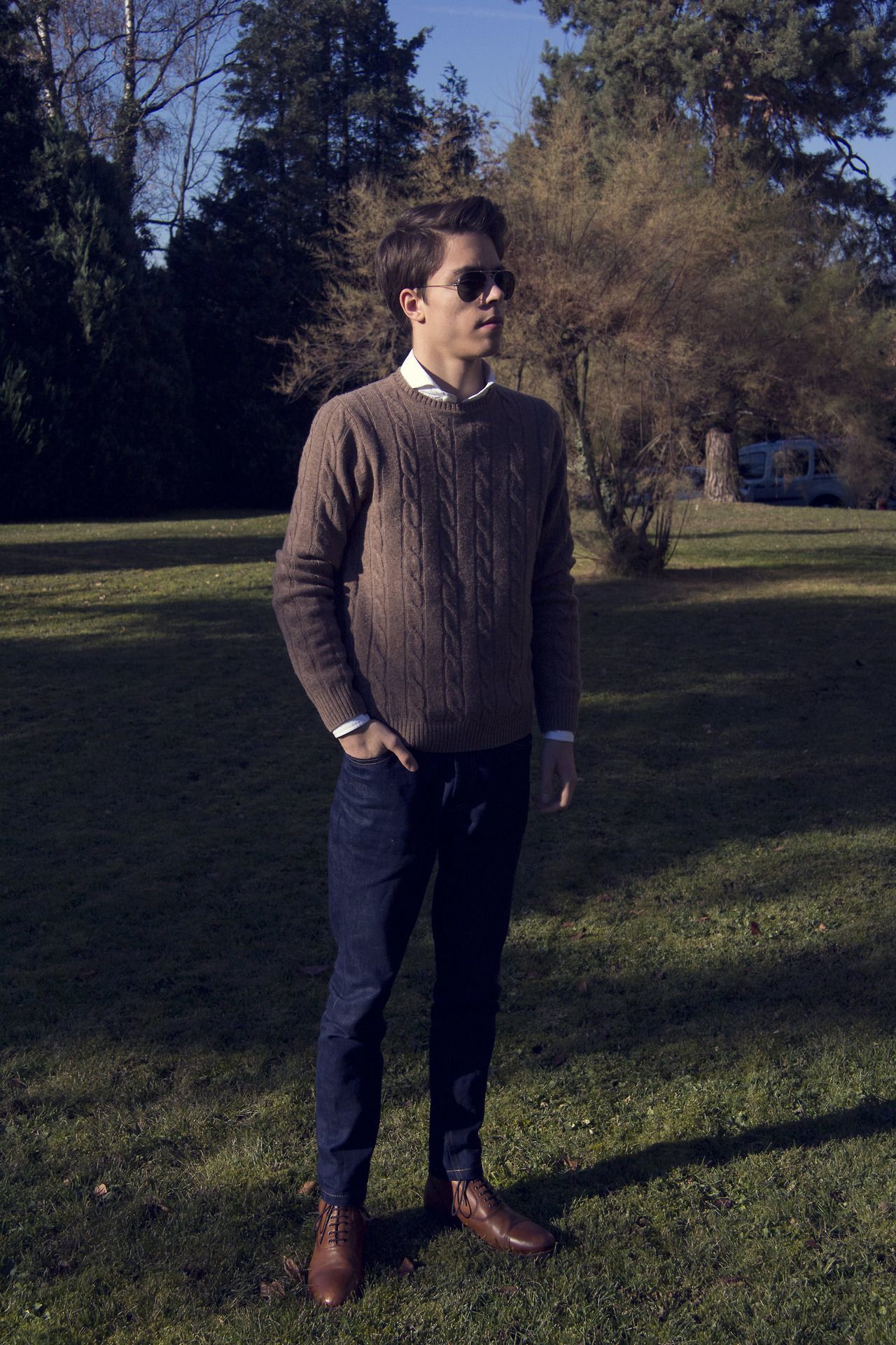 Men's Brown Cable Sweater, White Long Sleeve Shirt, Navy Jeans ...