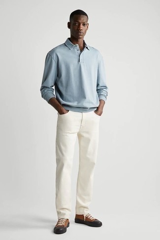 Light Blue Polo Neck Sweater Warm Weather Outfits For Men: 