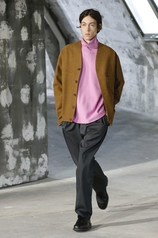 Men's Brown Cardigan, Pink Turtleneck, Charcoal Chinos, Black Chunky Leather Derby Shoes