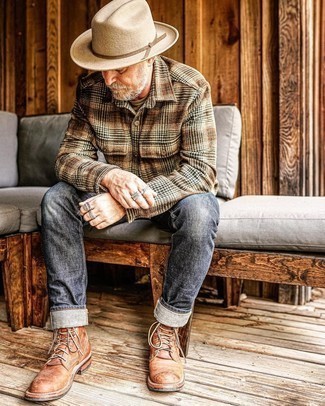 Men's Beige Wool Hat, Brown Leather Casual Boots, Charcoal Jeans, Brown Plaid Flannel Long Sleeve Shirt