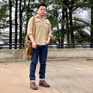 Men's Mustard Canvas Messenger Bag, Brown Leather Casual Boots, Navy Jeans, Tan Long Sleeve Shirt