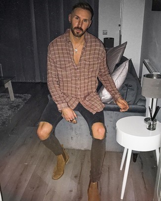 Brown Suede Chelsea Boots Outfits For Men: This pairing of a brown check long sleeve shirt and charcoal ripped skinny jeans is a safe and very fashionable bet. You could perhaps get a bit experimental when it comes to shoes and complete your outfit with brown suede chelsea boots.