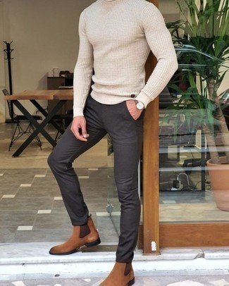 Men's Brown Leather Watch, Brown Suede Chelsea Boots, Charcoal Chinos, Beige Crew-neck Sweater