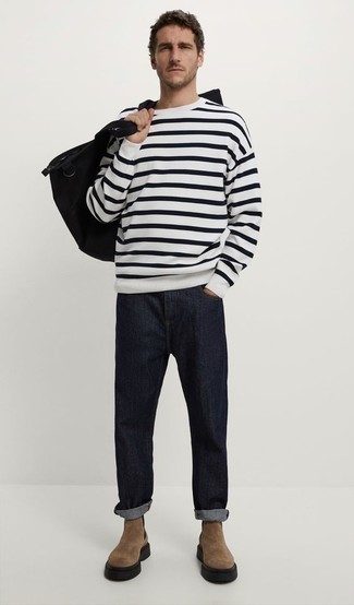 Men's Black Canvas Tote Bag, Brown Suede Chelsea Boots, Navy Jeans, White and Black Horizontal Striped Crew-neck Sweater