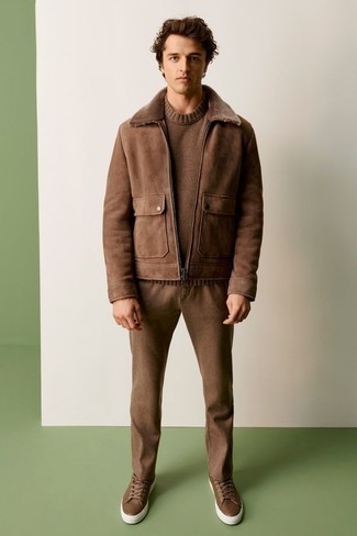 Men's Brown Leather Low Top Sneakers, Brown Chinos, Brown Crew-neck Sweater, Brown Shearling Jacket