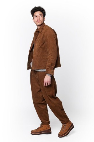 Tobacco Corduroy Shirt Jacket Outfits For Men: 