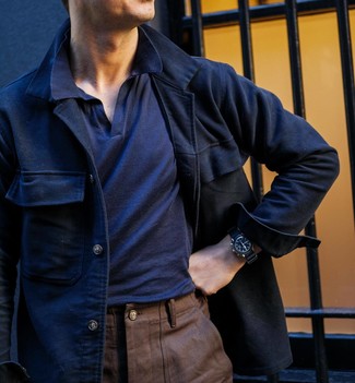 Men's Black Leather Watch, Brown Chinos, Navy Polo, Navy Wool Shirt Jacket