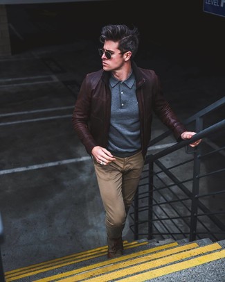 Men's Olive Canvas Derby Shoes, Brown Chinos, Navy Polo Neck Sweater, Dark Brown Leather Bomber Jacket