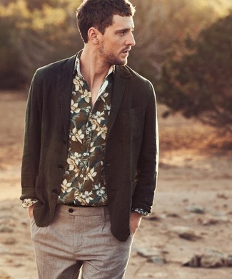 Olive Floral Long Sleeve Shirt Outfits For Men: 
