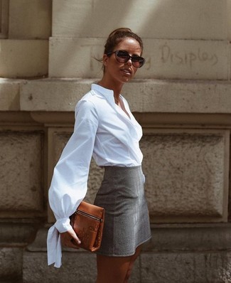 Women's Dark Brown Sunglasses, Brown Leather Clutch, Grey Mini Skirt, White Dress Shirt