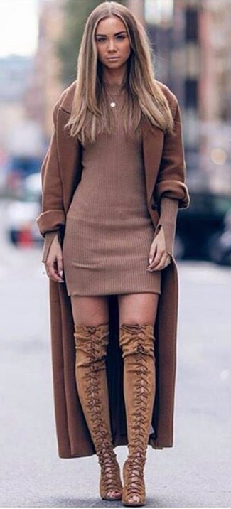 Women's Brown Coat, Brown Sweater Dress, Brown Suede Over The Knee Boots