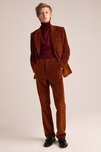 Black Leather Tassel Loafers Outfits: This pairing of a brown corduroy suit and a burgundy hoodie is truly a statement-maker. Wondering how to finish this getup? Finish with a pair of black leather tassel loafers to dial up the fashion factor.