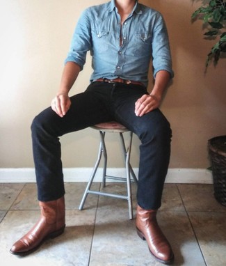 Men's Brown Leather Belt, Brown Leather Cowboy Boots, Black Jeans, Light Blue Chambray Long Sleeve Shirt