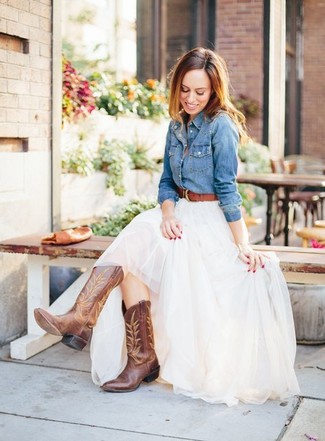 Women's Brown Leather Belt, Brown Leather Cowboy Boots, White Tulle Maxi Skirt, Blue Denim Shirt