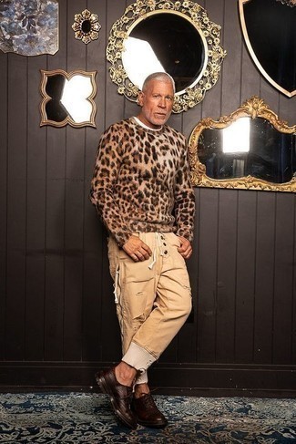 Men's Brown Leopard Crew-neck Sweater, White Crew-neck T-shirt, Khaki Ripped Jeans, Dark Brown Leather Derby Shoes