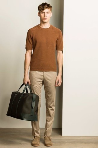 Brown Knit Crew-neck T-shirt Outfits For Men: Go for a straightforward but at the same time cool and casual option by wearing a brown knit crew-neck t-shirt and khaki chinos. In the footwear department, go for something on the dressier end of the spectrum by slipping into a pair of tan suede desert boots.