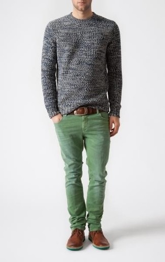 Men's Brown Leather Belt, Brown Leather Derby Shoes, Green Jeans, Grey Crew-neck Sweater