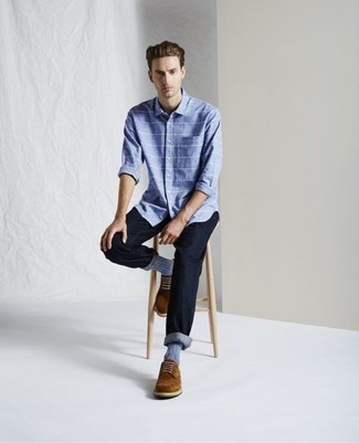 Light Blue Horizontal Striped Long Sleeve Shirt Outfits For Men: 