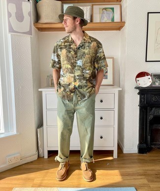 Men's Olive Bucket Hat, Brown Suede Derby Shoes, Olive Chinos, Multi colored Print Short Sleeve Shirt