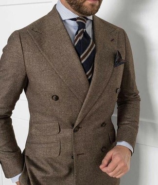 Dark Brown Double Breasted Blazer Outfits For Men: For masculine sophistication with a clear fashion twist, team a dark brown double breasted blazer with a grey vertical striped dress shirt.