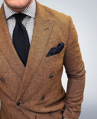 Dark Brown Double Breasted Blazer Outfits For Men: This pairing of a dark brown double breasted blazer and a white check dress shirt speaks sophistication and versatility.