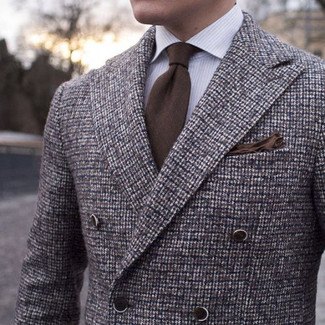 Brown Check Wool Double Breasted Blazer Outfits For Men: You're looking at the irrefutable proof that a brown check wool double breasted blazer and a white vertical striped dress shirt look amazing when married together in an elegant ensemble for a modern gentleman.
