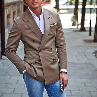 Men's Brown Double Breasted Blazer, White Long Sleeve Shirt, Blue Jeans, Beige Print Pocket Square
