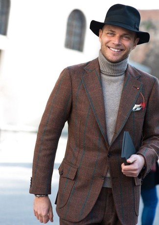 Brown Check Wool Dress Pants Outfits For Men: 
