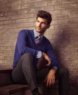 Violet Horizontal Striped Tie Outfits For Men: 