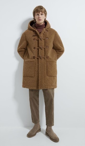 Men's Brown Duffle Coat, Brown Knit Turtleneck, Brown Corduroy Chinos, Brown Suede Chelsea Boots