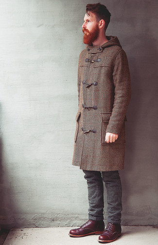 Brown Duffle Coat Outfits For Men: For a casually elegant ensemble, consider wearing a brown duffle coat and charcoal wool chinos — these two pieces fit really good together. Burgundy leather casual boots look great complementing this look.