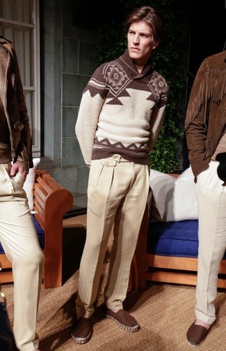 Brown Fair Isle Shawl-Neck Sweater Outfits: Pair a brown fair isle shawl-neck sweater with beige linen dress pants to look smooth and smart. You can take a more casual route with footwear by sporting a pair of dark brown canvas espadrilles.