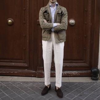 Beige Linen Dress Pants Outfits For Men: A brown field jacket looks so elegant when paired with beige linen dress pants. Dark brown suede loafers integrate really well within many getups.
