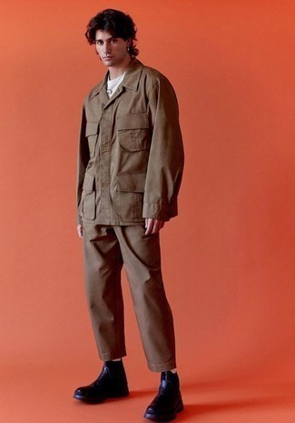 Men's Brown Field Jacket, White Crew-neck T-shirt, Brown Chinos, Black Leather Chelsea Boots