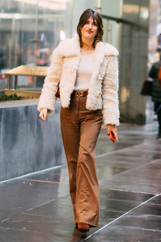 White Long Sleeve T-shirt with Fur Jacket Outfits: 