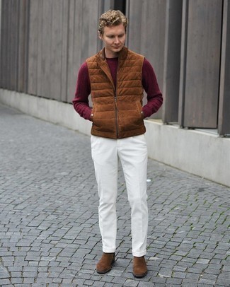 Brown Quilted Suede Gilet Outfits For Men: This casual pairing of a brown quilted suede gilet and white chinos is very easy to throw together in no time flat, helping you look amazing and ready for anything without spending too much time searching through your closet. A good pair of brown suede chelsea boots is the most effective way to upgrade this ensemble.