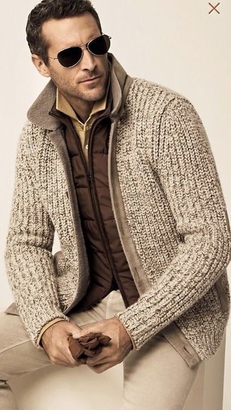 Tobacco Gilet Outfits For Men: One of the coolest ways for a man to style a tobacco gilet is to team it with khaki chinos in a casual getup.