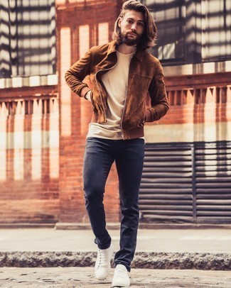 Brown Suede Harrington Jacket Outfits: A brown suede harrington jacket and navy jeans are a good combination worth having in your current collection. A pair of white canvas low top sneakers is a good idea to finish off this ensemble.