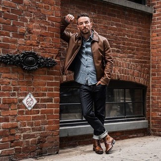 Tobacco Leather Casual Boots Warm Weather Outfits For Men: A brown harrington jacket and black jeans teamed together are a perfect match. Tobacco leather casual boots will class up any getup.