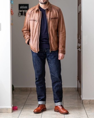 Tobacco Leather Brogue Boots Outfits: For a laid-back ensemble, choose a brown harrington jacket and navy jeans — these two items fit beautifully together. Our favorite of a multitude of ways to complement this ensemble is with tobacco leather brogue boots.
