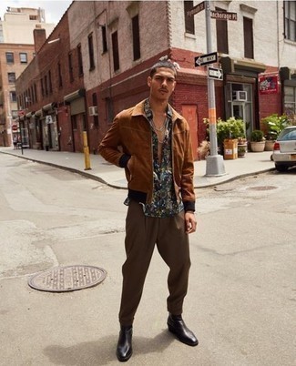 Brown Chinos Outfits: Consider teaming a brown suede harrington jacket with brown chinos for a laid-back and stylish look. Introduce a pair of black leather chelsea boots to the equation to avoid looking too casual.